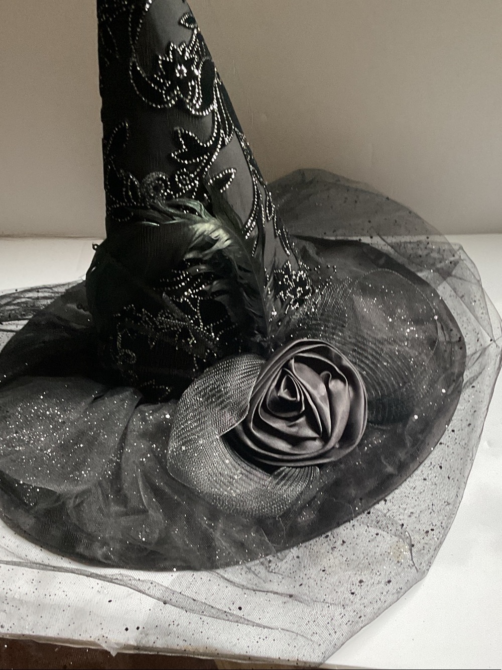 Pier 1 Black Glitter Witch Hat with Floral Rosette
